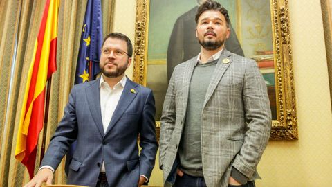 El presidente de la Generalitat, Pere Aragonés, y elportavoz de ERC en el Congreso, Gabriel Rufián
