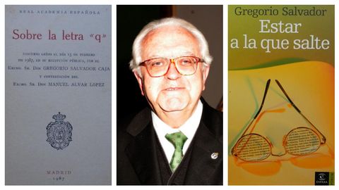 Salvador, flanqueado por las portadas de la edición de su discurso de ingreso en la RAE sobre la letra «q» y de una de sus antologías de artículos periodísticos