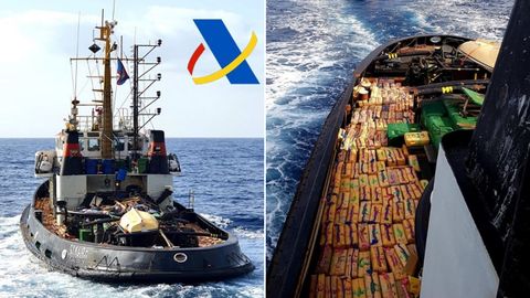Fotografías de la embarcación interceptada en la Operación Gigante y de la carga de hachís que transportaba