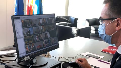 Pablo Fernández Muñiz, consejero de Salud del Principado, esta tarde durante la reunión telemática extraordinaria del pleno del Consejo Interterritorial del Sistema Nacional de Salud sobre la evolución de la pandemia del coronavirus.