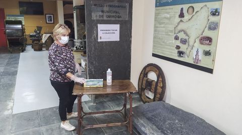Una mujer con mascarilla en el museo geológico de Quiroga