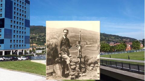 Imagen de un joven alfrez que una investigacin identifica como Alfonso Martnez, durante los inicios de la Guerra Civil, superpuesta a una foto actual de la zona de la Cadellada de Oviedo