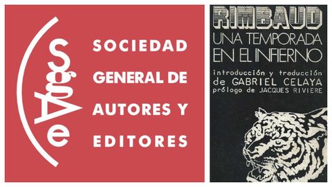 Logo de la SGAE y portada del primer número de la colección Visor que publicó el sello Alberto Corazón Editor, «Una temporada en el infierno», de Rimbaud