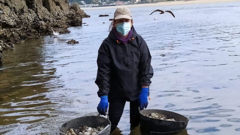 Una mariscadora, durante la jornada de trabajo de ayer en la ría de O Barqueiro