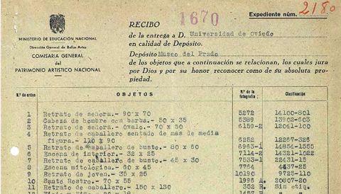 Detalle del acta de entrega de obras en depósito tras la Guerra Civil a la Universidad de Oviedo, realizada en 1941 por las autoridades franquistas