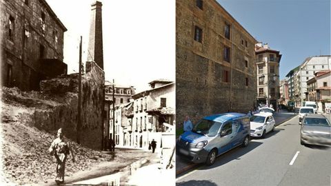 A la izquierda, el tramo de la muralla de Oviedo en la calle Jovellanos que se terminó de eliminar en 1937. A la derecha, el mismo lugar actualmente, donde se ve la cara norte del monasterio de Las Pelayas