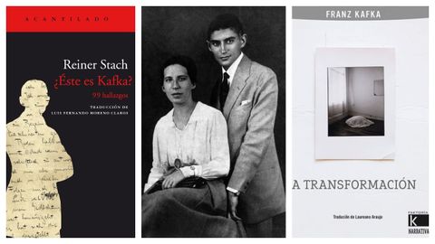 Retrato de Kafka y Felice Bauer, flanqueado por las portadas de los libros de Acantilado y Kalandraka