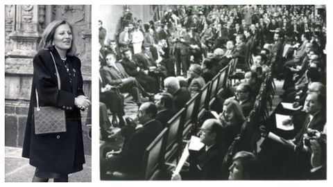 Carmen Lovelle, durante os anos nos que estivo na Cámara autonómica; na primeira sesión, á dereita, atópase ao carón de Albor; distínguese, con melena, por ser a única muller entre unha inmensa maioría de homes