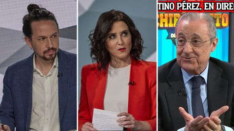 Pablo Iglesias e Isabel Díaz Ayuso, durane el debate de Telemadrid; Florentino Pérez, en el Chiringuito antes de que fracasara su proyecto de Superliga