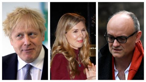 De izquierda a derecha, Boris Johnson, Carrie Symonds y Dominic Cummings en imágenes de archivo.