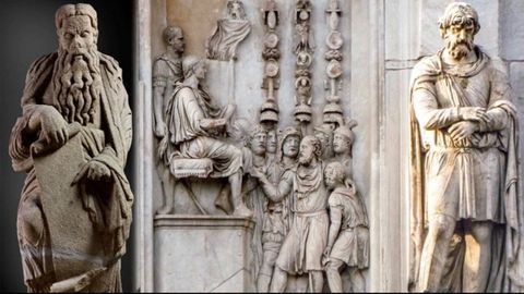 A la izquierda, el profeta Ezequiel del maestro Mateo, que se encuentra en Meirás; a la derecha, foto del Arco de Constantino con un cautivo dacio, procedente del Foro de Trajano, y un relieve con el emperador ofreciendo clemencia a los bárbaros procedente de un monumento de Marco Aurelio