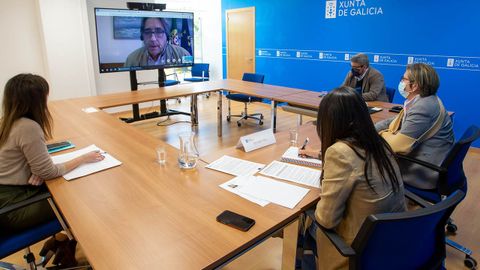 Un momento de la reunión por videoconferencia entre el ministro de Mar de Portugal, ahora presidente del Consejo de Ministros de Pesca de la UE, y la conselleira de Mar Rosa Quintana