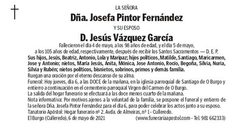 Esquela de Josefa y Jesús, publicada este jueves en La Voz