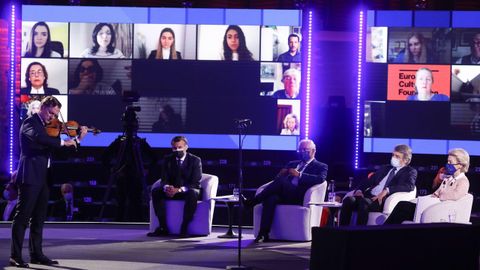 Macron, Costa, Sassoli y Von der Leyen escuchan al violinista Renaud Capucon en la inauguración de la Conferencia sobre el Futuro de Europa en Estrasburgo