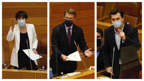 Ana Pontón, Alberto Núñez Feijoo y Gonzalo Caballero, en el Parlamento