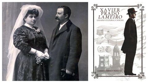 Xavier Prado Lameiro posa coa súa segunda esposa, Dolores Montes, nunha fotografía de estudio tomada en 1907. Á dereita, portada do libro monográfico que lle dedica a Prado Lameiro o académico veterinario Alberto Portela Vázquez