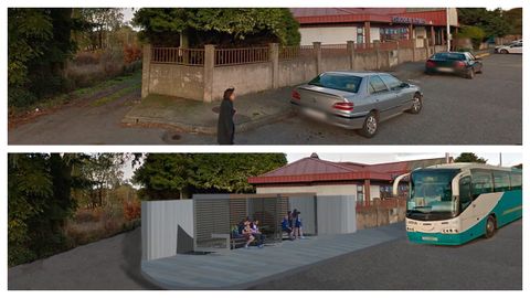 Arriba, el estado actual de una parada de autobús en Vilalba. Abajo, cómo quedaría con el nuevo proyecto