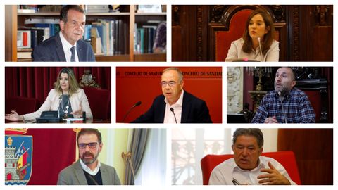De izquierda a derecha y de arriba a abajo, Abel Caballero, alcalde de Vigo; Inés Rey, regidora en A Coruña; Lara Méndez, de Lugo; Xosé Sánchez Bugallo, de Santiago; Gonzalo Pérez Jácome, de Ourense; Ángel Mato, de Ferrol; y Miguel Anxo Fernández Lores, de Pontevedra