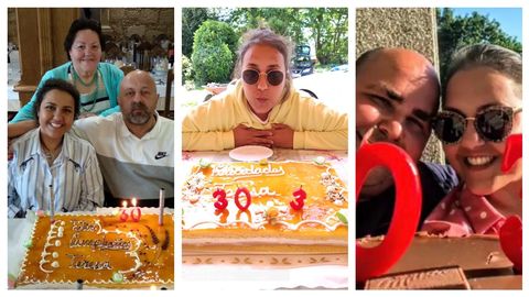 De izquierda a derecha. Teresa Puñal con Manuel Puñal (padre) y Estrella Valencia (abuela) que la acompañaron en el hospital; celebrando el año pasado su cumpleaños con las velas de 30 + 3; y junto a su marido Iván Pereira, que le pidió matrimonio el mismo día del trasplante.