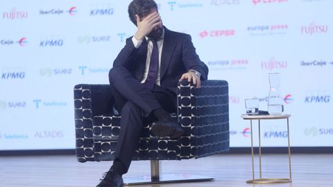 El presidente del Partido Popular, Pablo Casado, este martes, en un desayuno Informativo organizado por Europa Press
