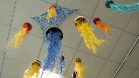 Exposición de arte feita con lixo mariño no liceo de Noia