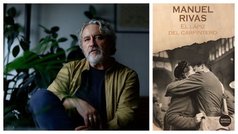 Retrato do escritor Manuel Rivas. Á dereita, portada do libro que ofrece o domingo La Voz de Galicia.