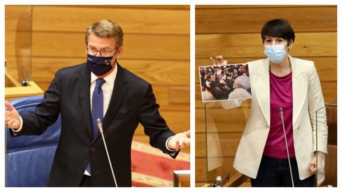 Feijoo respondiendo a Ana Pontón, que le muestra una foto suya con el presidente de Iberdrola en el año 2009, durante el debate sobre el sector eólico, esta mañana en el Parlamento gallego