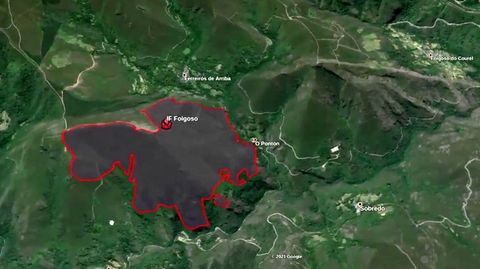 Mapa con la estimación de superficie quemada por el último incendio en Folgoso do Courel , elaborado con información del satélite Sentinel2