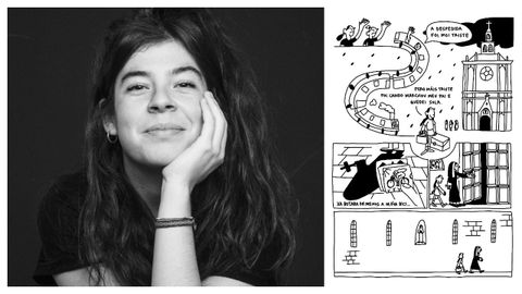 A debuxante Julia Lago e un detalle da obra coa que gañou o premio Castelao
