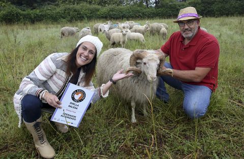 Bea Carbón, a fiandeira, e Delfín Feal, o pastor, con Rodolfo, un dos carneiros do rabaño que coida en Cabanas