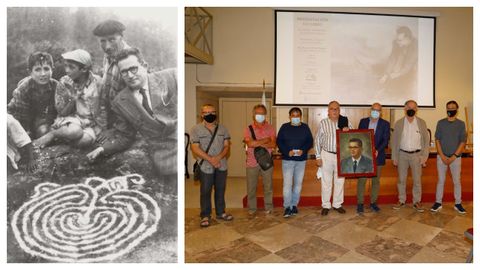 Ramón Sobrino Lorenzo, retratado junto a un petroglifo. A la derecha, presentación del libro que reivindica su legado