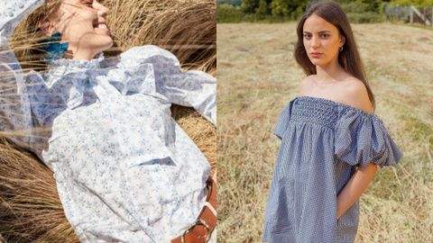 A la izquiera, blusa de Muy Castiñeira y cinturón de otra gallega, Jimenas; a la derecha, vestido hecho a mano en Galicia de la colección de Sandra Castiñeira