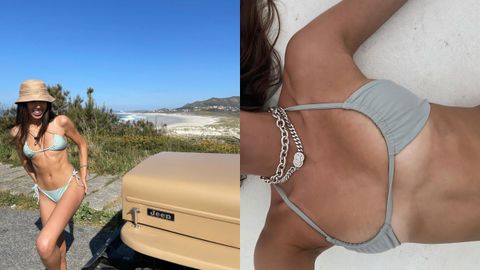 A la izquierda, una de las piezas de baño de Nécora; a la derecha, la influencer Alizée Gamberini luce el bikini tendencia