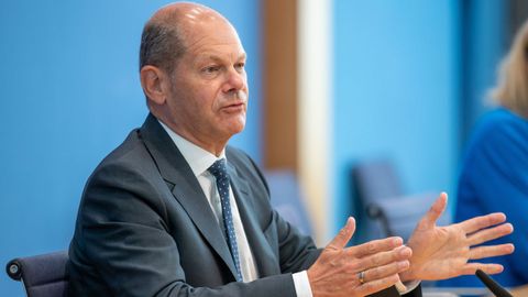 El ministro de Finanzas alemán, Olaf Scholz, durante la rueda de prensa de esta mañana