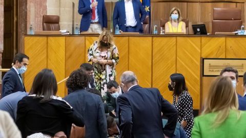 Varios diputados buscando una rata que ha irrumpido en el salón de plenos del Parlamento andaluz durante el inicio del pleno