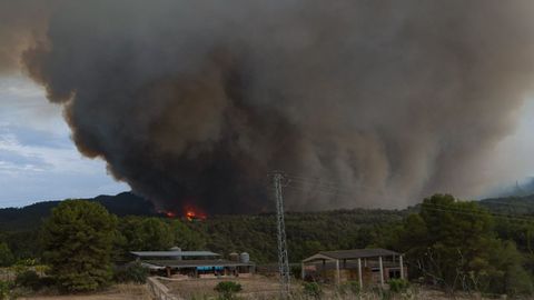 La columna de humo del incendio, vista desde el municipio de Sant Martí de Tous