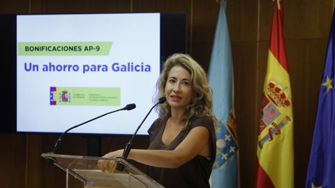 La ministra Raquel Sánchez, este lunes durante la presentación de las rebajas de la AP-9.