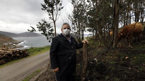 El ganadero y carnicero viveirense Pedro Pérez en la finca de Punta da Mansa, en Xove, en la que también ha actuado el lobo