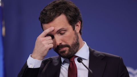 El presidente del PP, Pablo Casado, durante la rueda de prensa que ofreció este jueves en la sede nacional del partido en Madri.