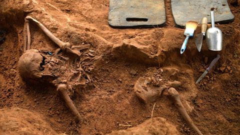 Restos óseos hallados en la fosa común en El Rellán, en Grado, donde la ARMH ha retomado los trabajos de exhumación