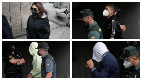 De izquierda a derecha y de arriba a abajo, los cuatro mayores de edad implicados en la muerte de Samuel Luiz: Kathy, Kaio, Diego y Alejandro, estos últimos cubriendo su rostro con capuchas