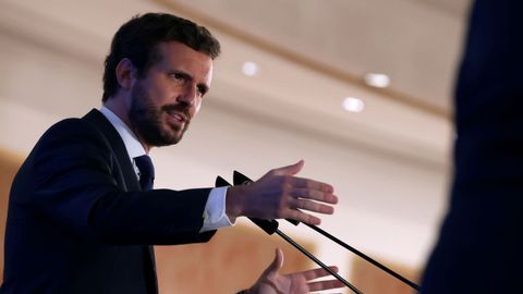 El líder del PP, Pablo Casado, durante su intervención en el Fórum Europa