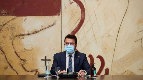El presidente de la Generalitat, Pere Aragonès, este martes durante la reunión semanal del Gobierno catalán