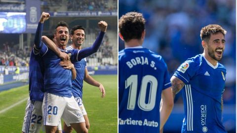 A la izquierda, Tejera y Javi Muñoz celebran el gol ante el Alcorcón en la 18/19. A la derecha, Costas celebra el 2-0 al Cartagena