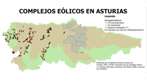 Mapa con los complejos eólicos de Asturias en funcionamiento (color negro) y en tramitación (color rojo), elaborado por la Plataforma Xente de Oscos-Eo