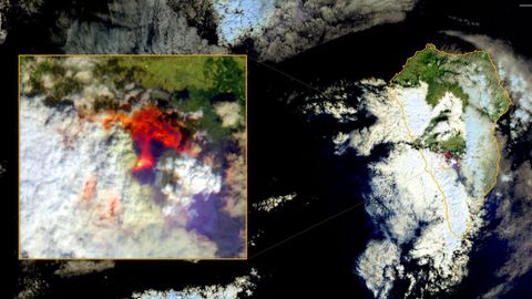 Las zonas afectadas por la erupción volcánica, en dos imágenes superpuestas captadas por el satélite Copernicus de la Unión Europea