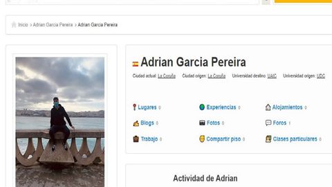 Perfil de Adrián en la página dedicada a su universidad rumana en la red internacional de universitarios Erasmusu