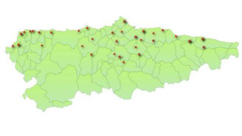 Los puntos rojos muestran los lugares en los que se han detectado positivos en Toxoptera citricida, el pulgn negro de los ctricos