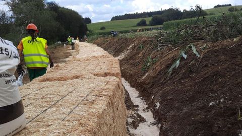 Barreras vegetales para evitar la expansión del vertido de purines de Trazo, que afectó al abastecimiento de agua de Santiago