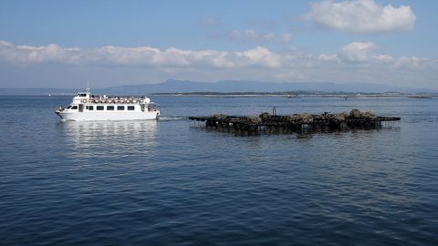 Un barco turístico junto a una batea en O Grove.